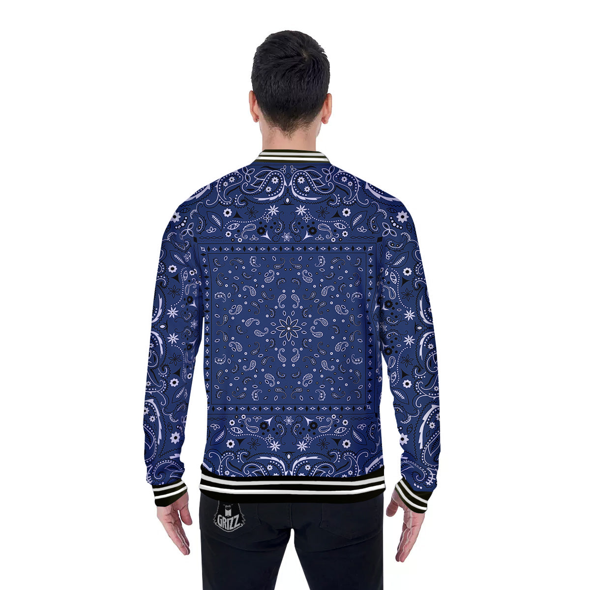 Bandana Blue Paisley Print Baseball Jacket-grizzshop