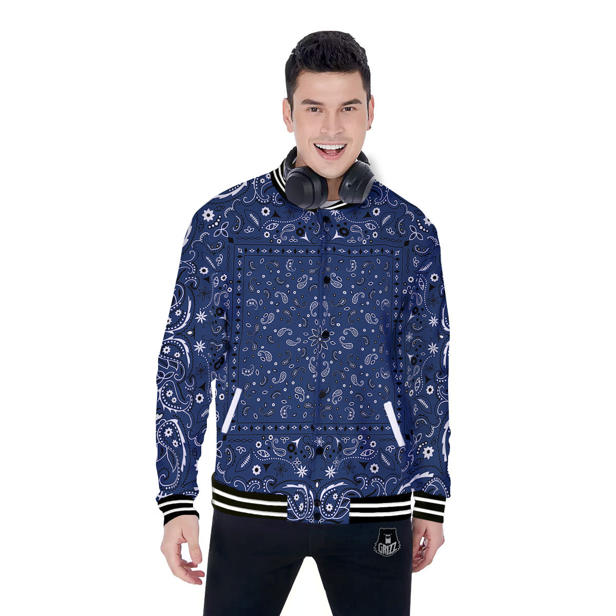 Bandana Blue Paisley Print Baseball Jacket-grizzshop