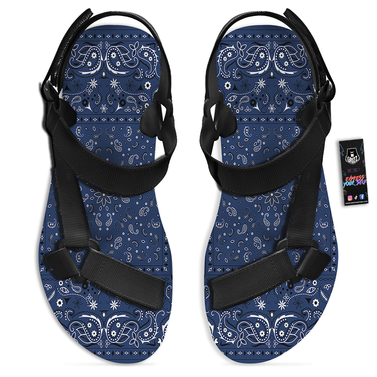 Bandana Blue Paisley Print Black Open Toe Sandals-grizzshop