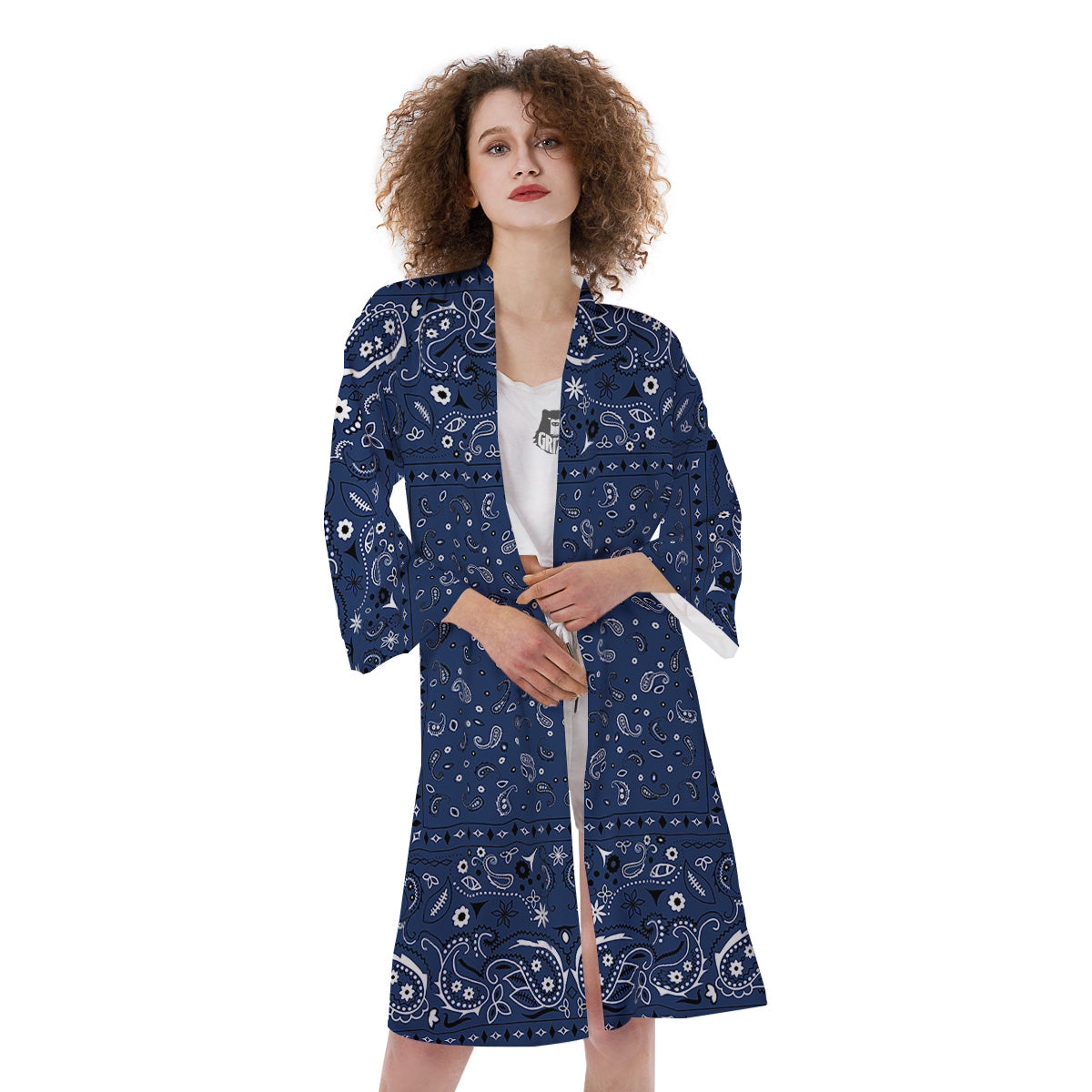 Bandana Blue Paisley Print Kimono-grizzshop