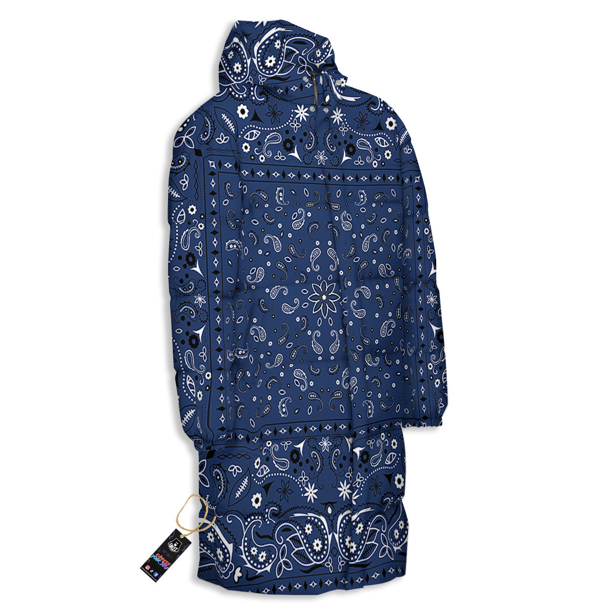 Bandana Blue Paisley Print Long Down Jacket-grizzshop