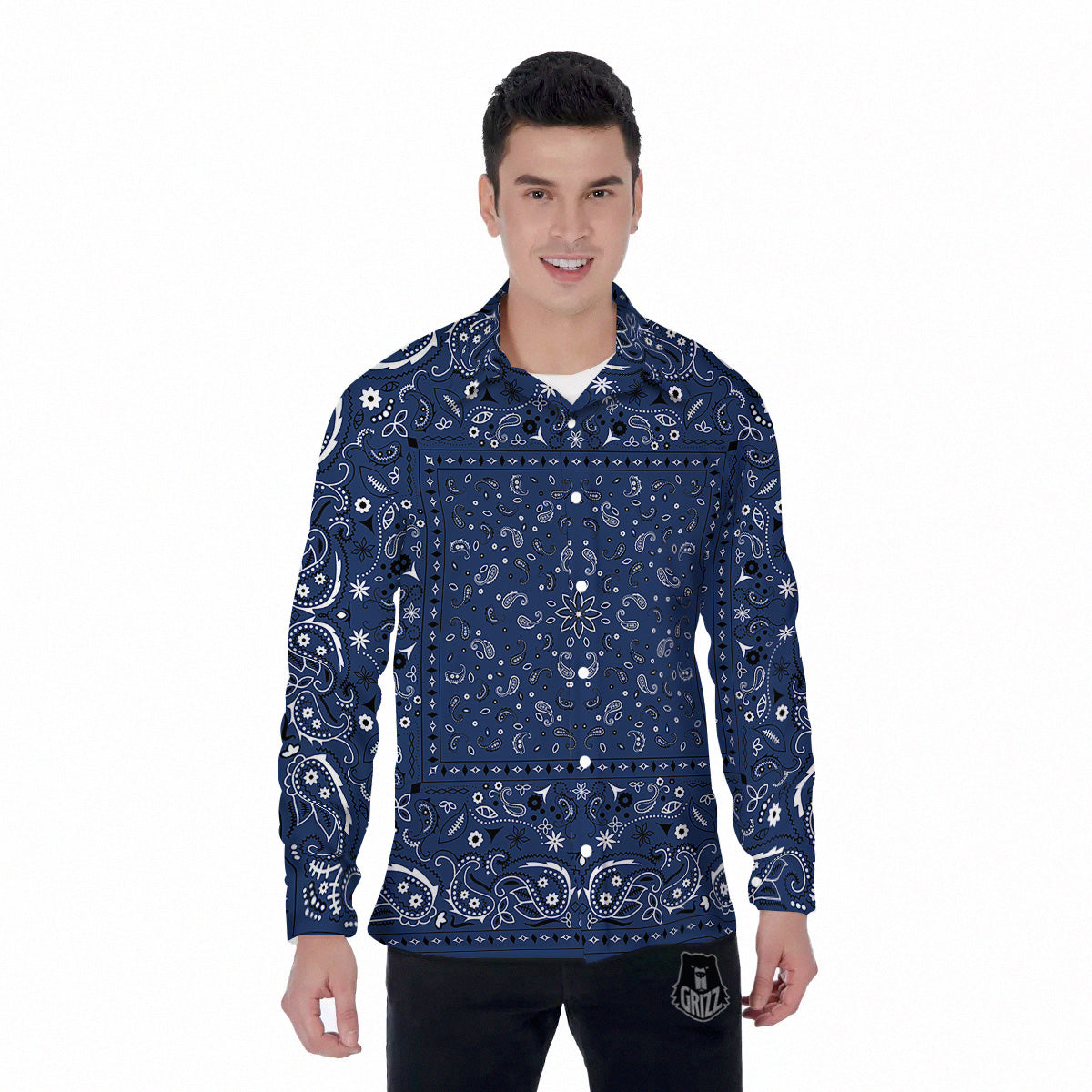 Bandana Blue Paisley Print Men's Long Sleeve Shirts-grizzshop