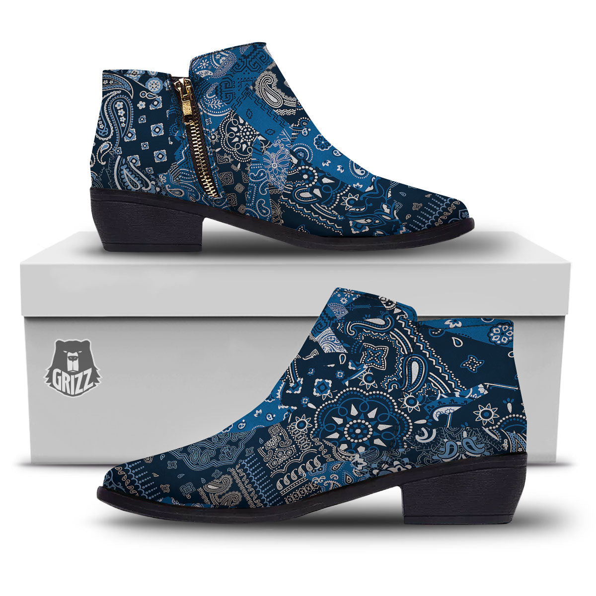 Bandana Blue Paisley Print Pattern Ankle Boots-grizzshop