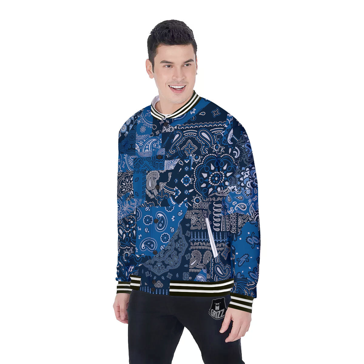 Bandana Blue Paisley Print Pattern Baseball Jacket-grizzshop