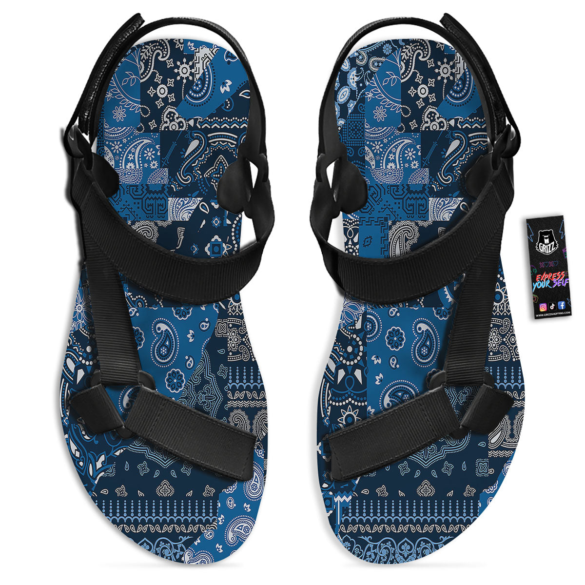 Bandana Blue Paisley Print Pattern Black Open Toe Sandals-grizzshop