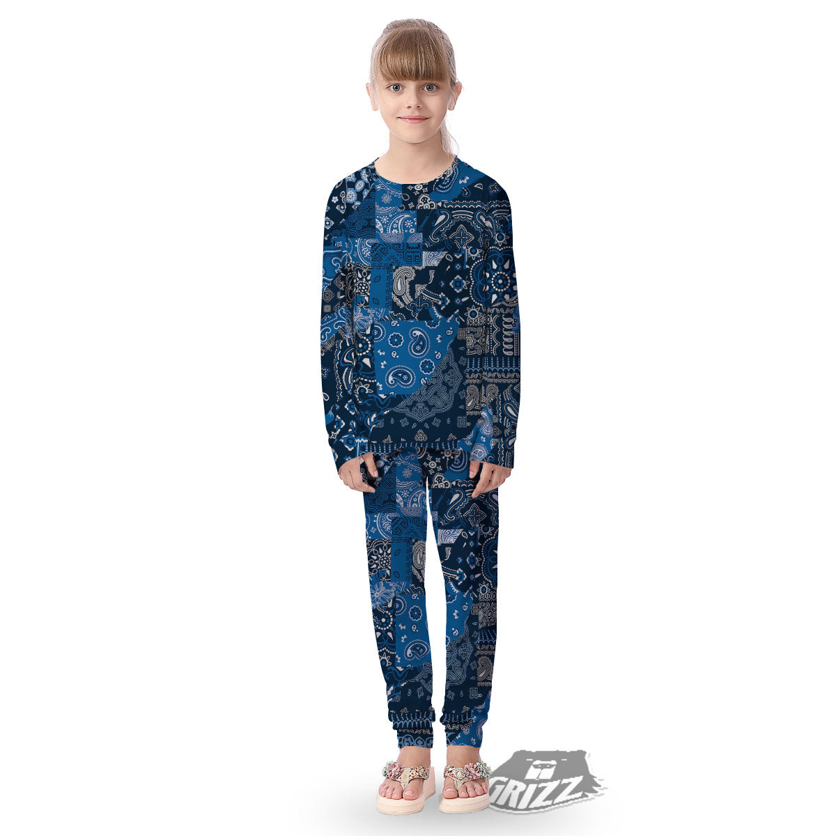 Bandana Blue Paisley Print Pattern Kid's Pajamas-grizzshop