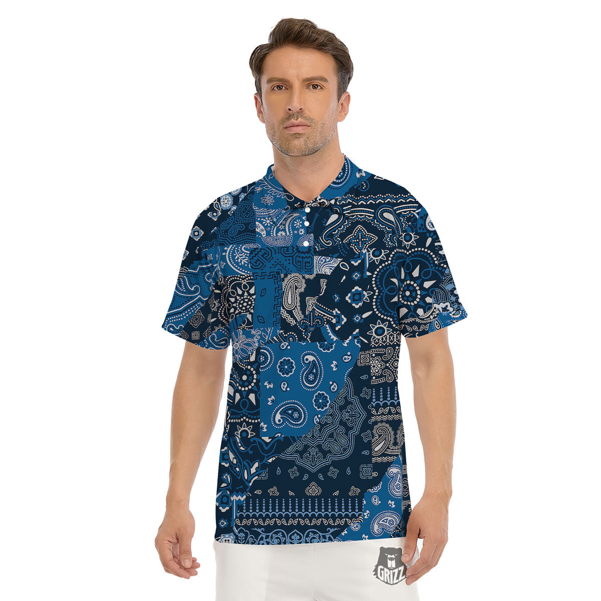 Bandana Blue Paisley Print Pattern Men's Golf Shirts-grizzshop