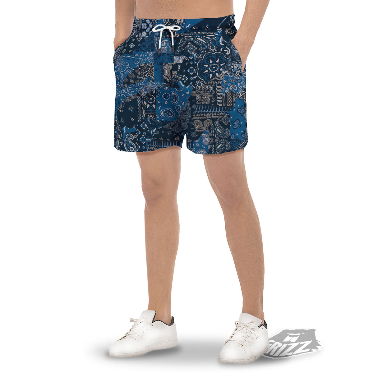 Bandana Blue Paisley Print Pattern Men's Gym Shorts-grizzshop