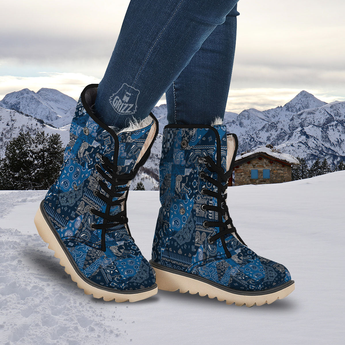 Bandana Blue Paisley Print Pattern Snow Boots-grizzshop