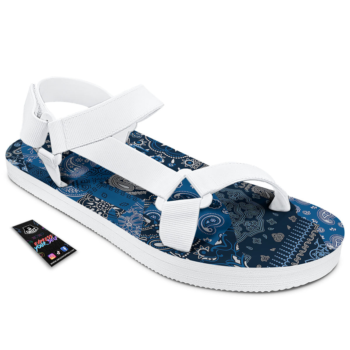 Bandana Blue Paisley Print Pattern White Open Toe Sandals-grizzshop