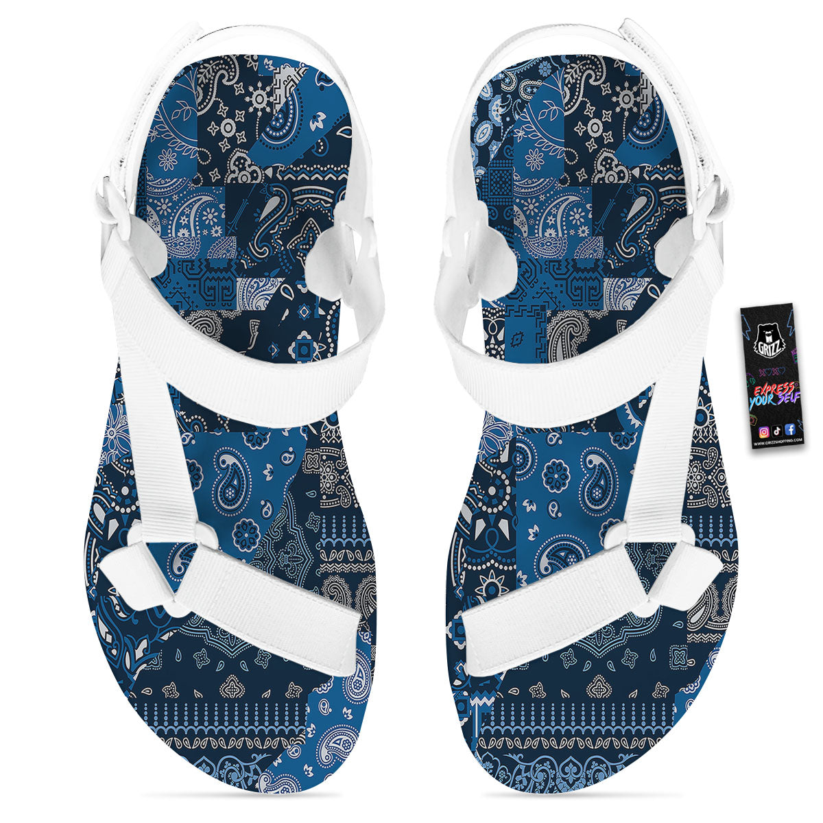 Bandana Blue Paisley Print Pattern White Open Toe Sandals-grizzshop
