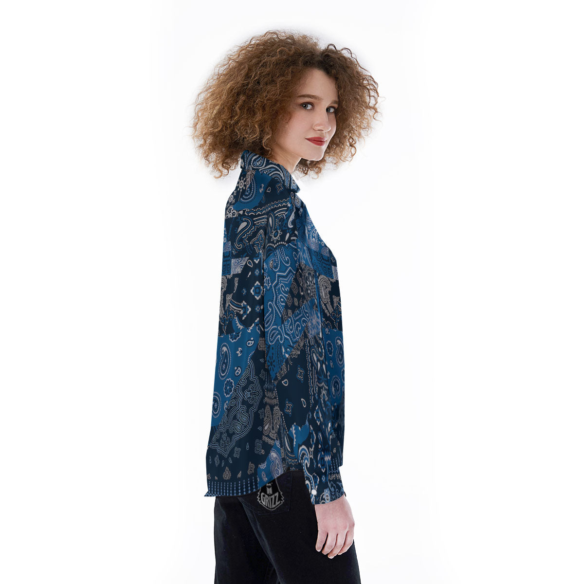Bandana Blue Paisley Print Pattern Women's Long Sleeve Shirts-grizzshop