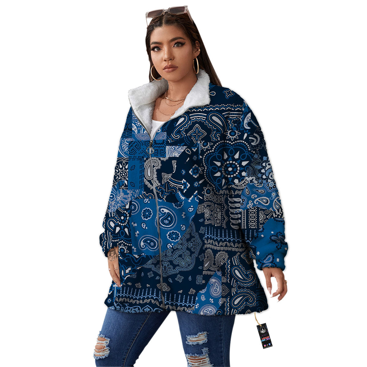 Bandana Blue Paisley Print Pattern Women's Sherpa Jacket-grizzshop