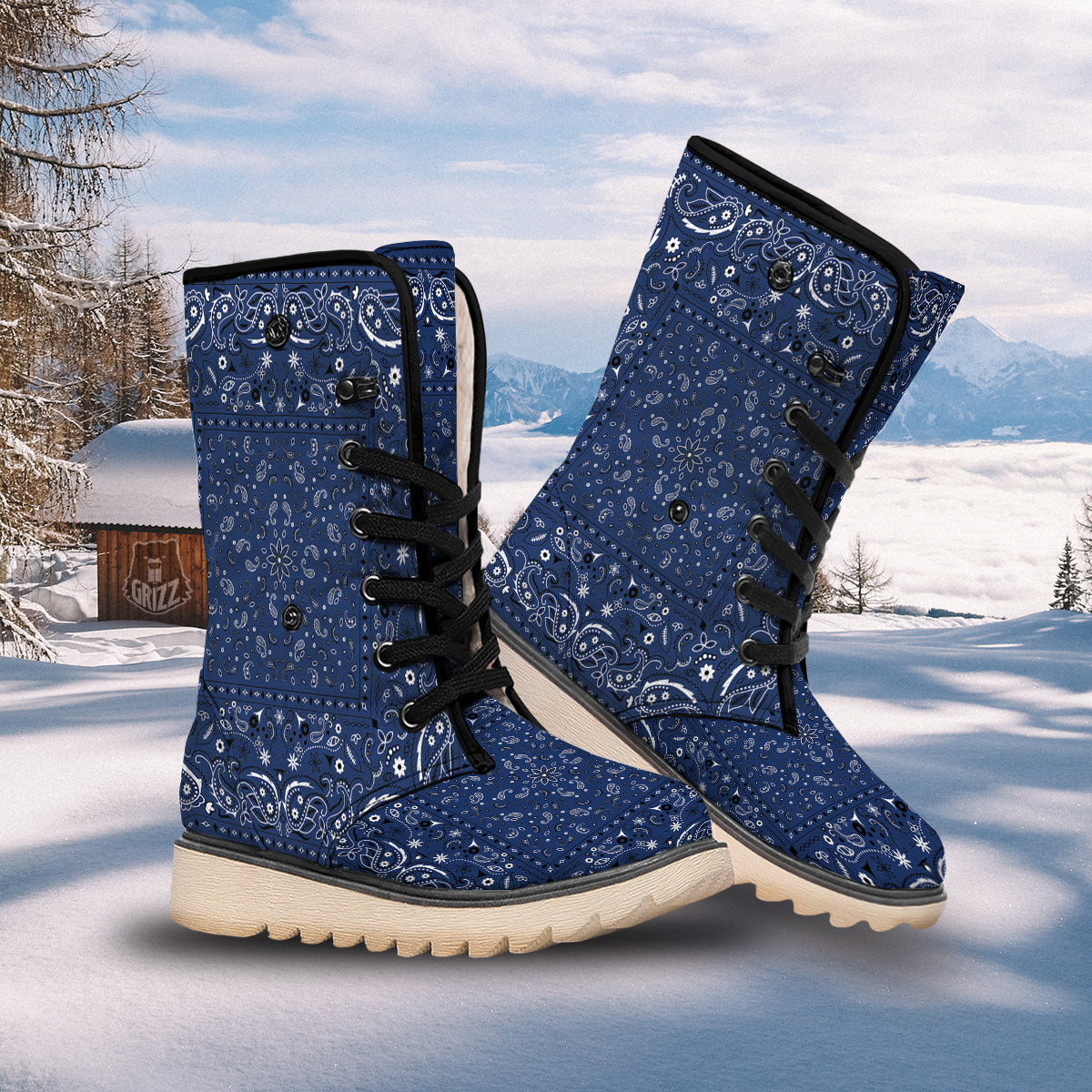 Bandana Blue Paisley Print Snow Boots-grizzshop