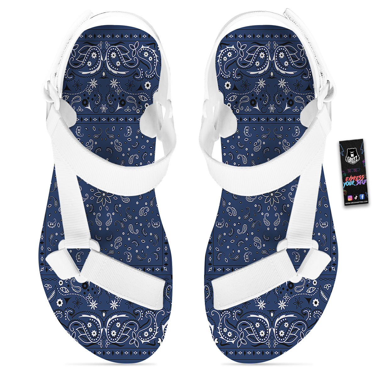 Bandana Blue Paisley Print White Open Toe Sandals-grizzshop