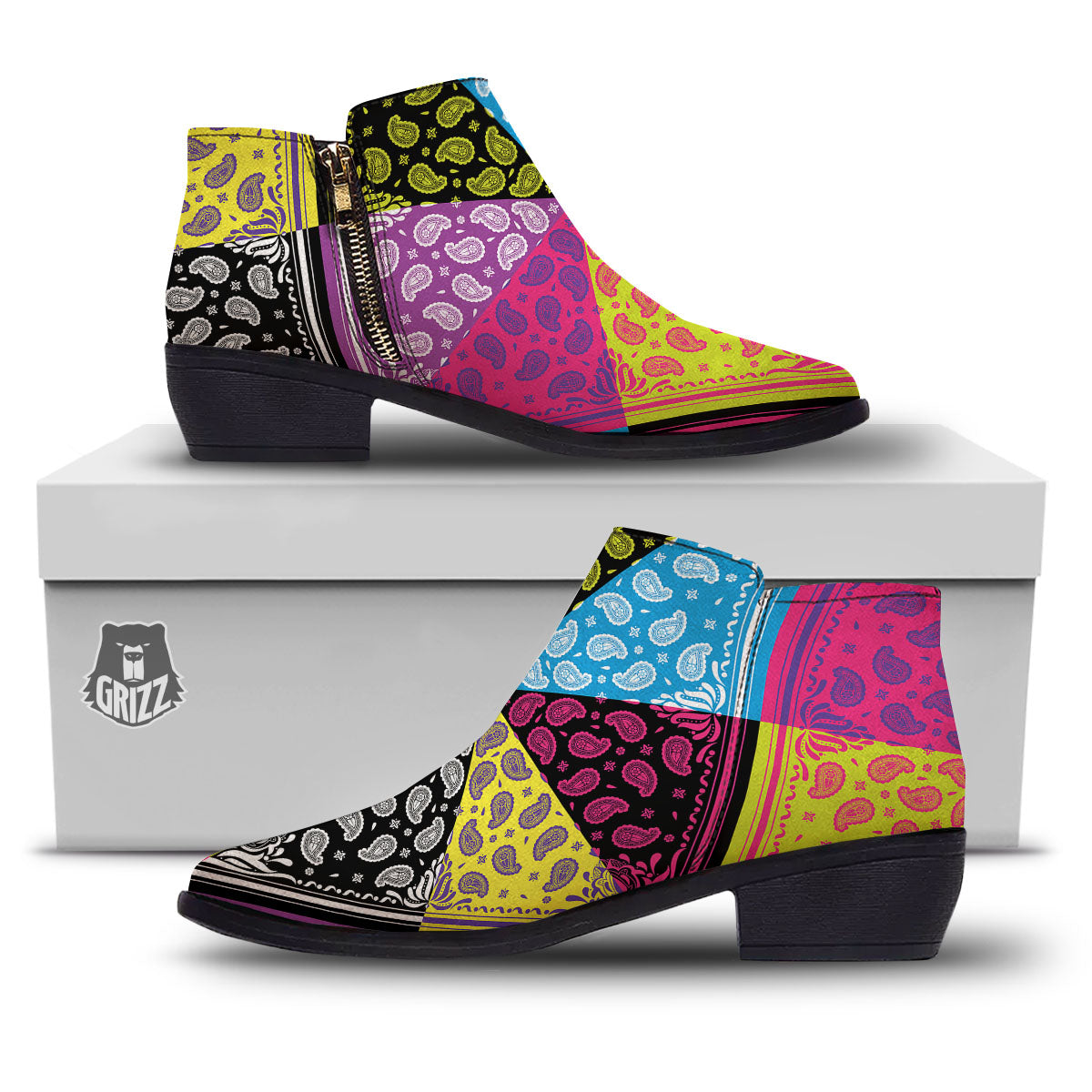 Bandana Paisley Colorful Square Print Ankle Boots-grizzshop