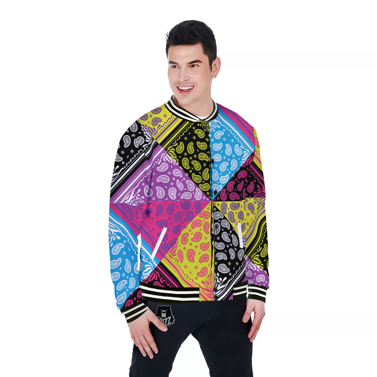 Bandana Paisley Colorful Square Print Baseball Jacket-grizzshop