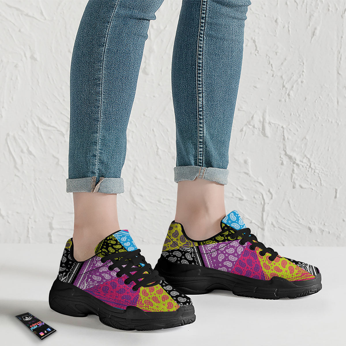 Bandana Paisley Colorful Square Print Black Chunky Shoes-grizzshop