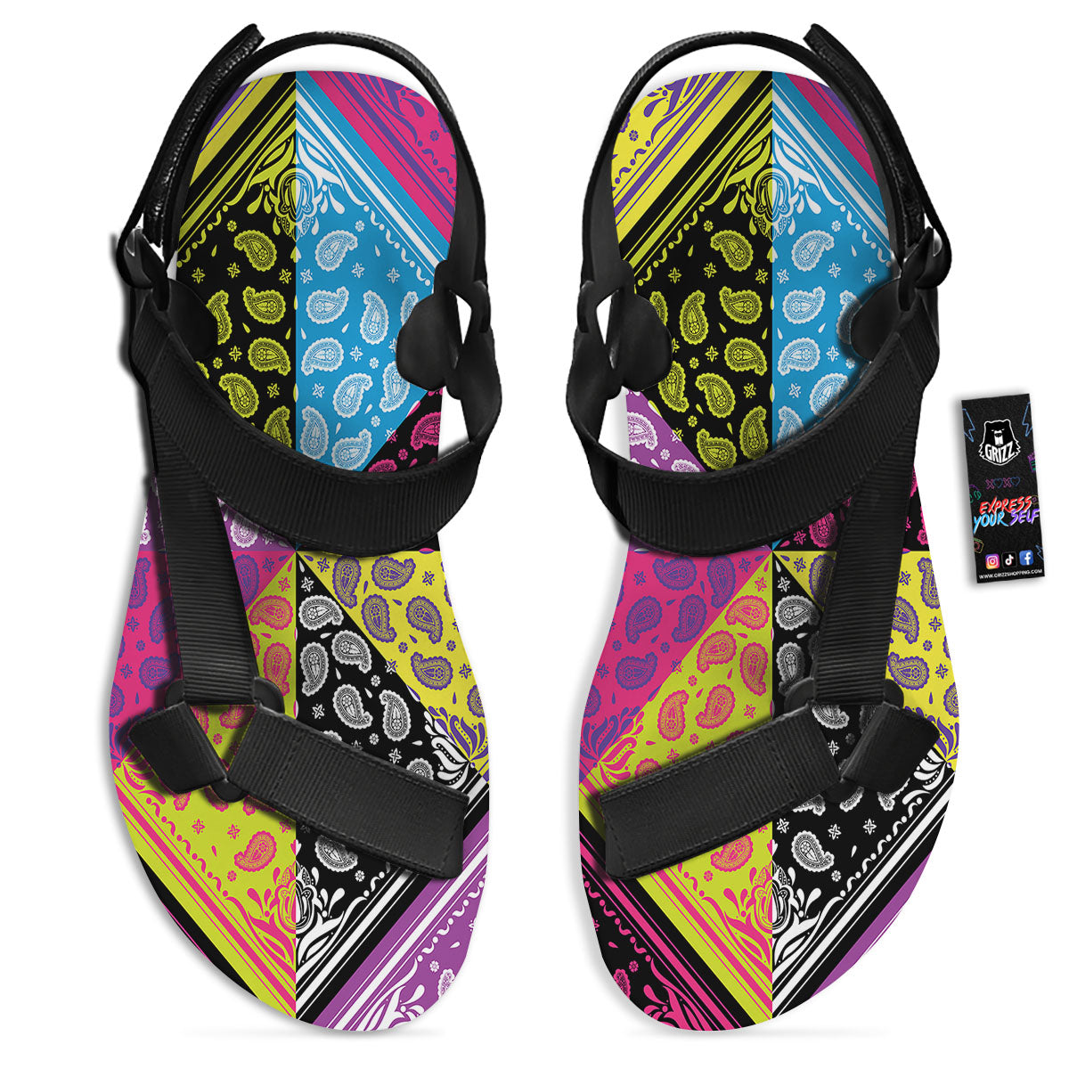 Bandana Paisley Colorful Square Print Black Open Toe Sandals-grizzshop