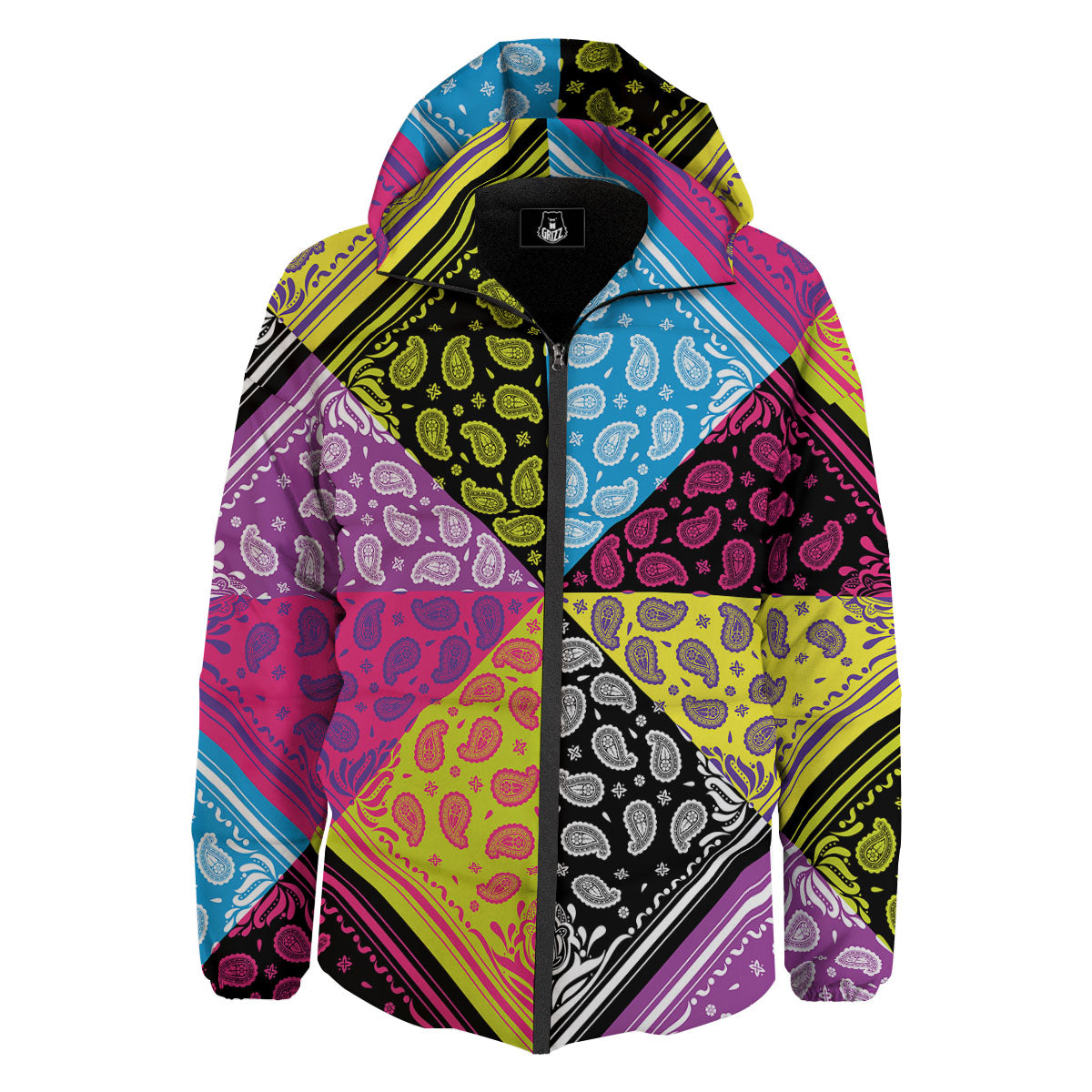 Bandana Paisley Colorful Square Print Down Jacket-grizzshop