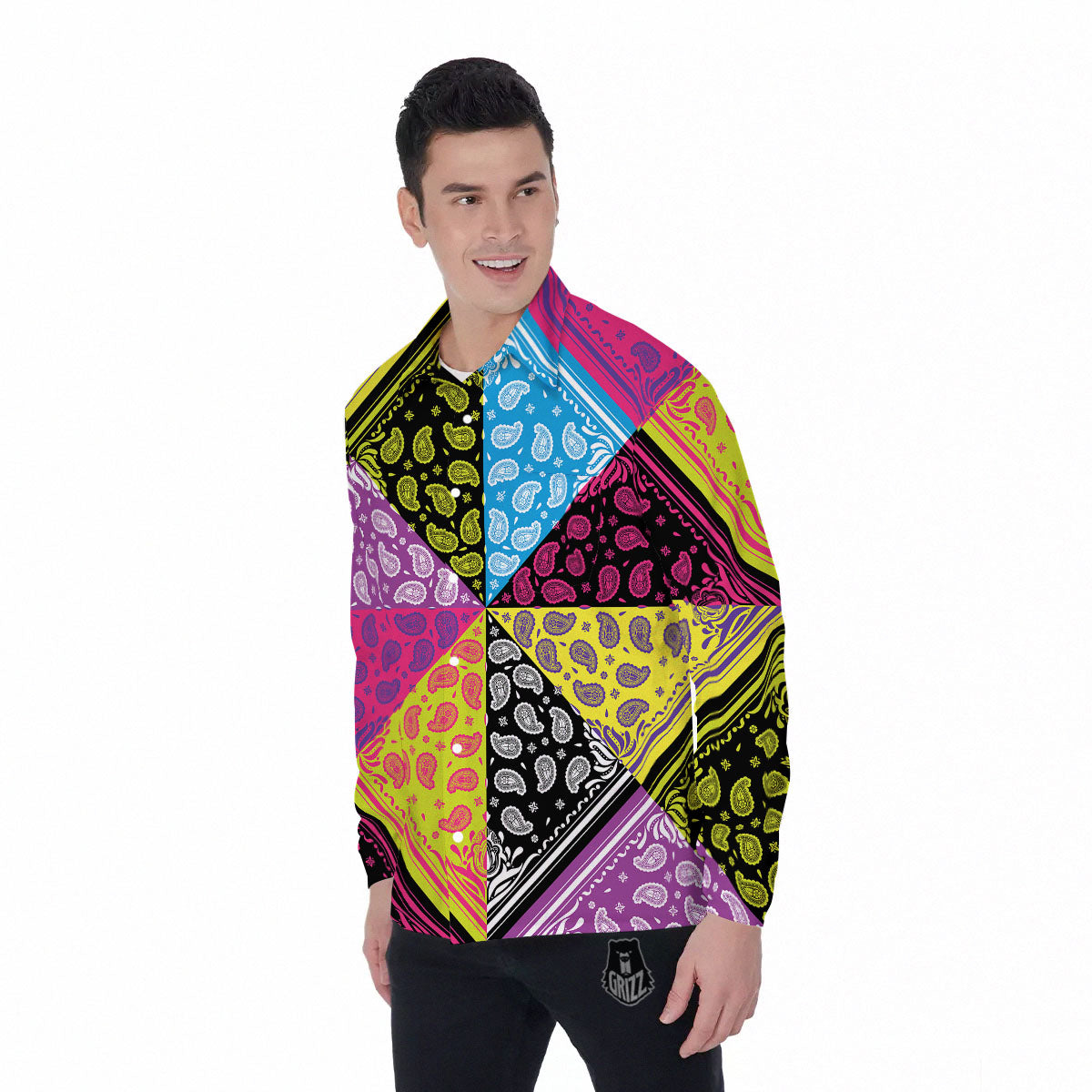 Bandana Paisley Colorful Square Print Men's Long Sleeve Shirts-grizzshop