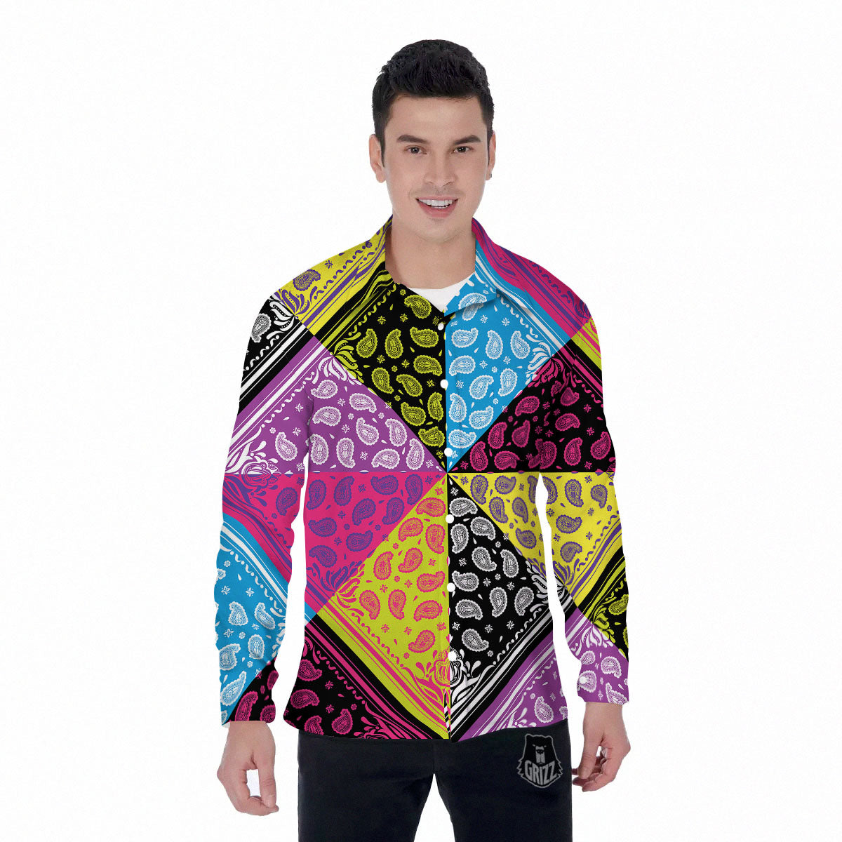 Bandana Paisley Colorful Square Print Men's Long Sleeve Shirts-grizzshop
