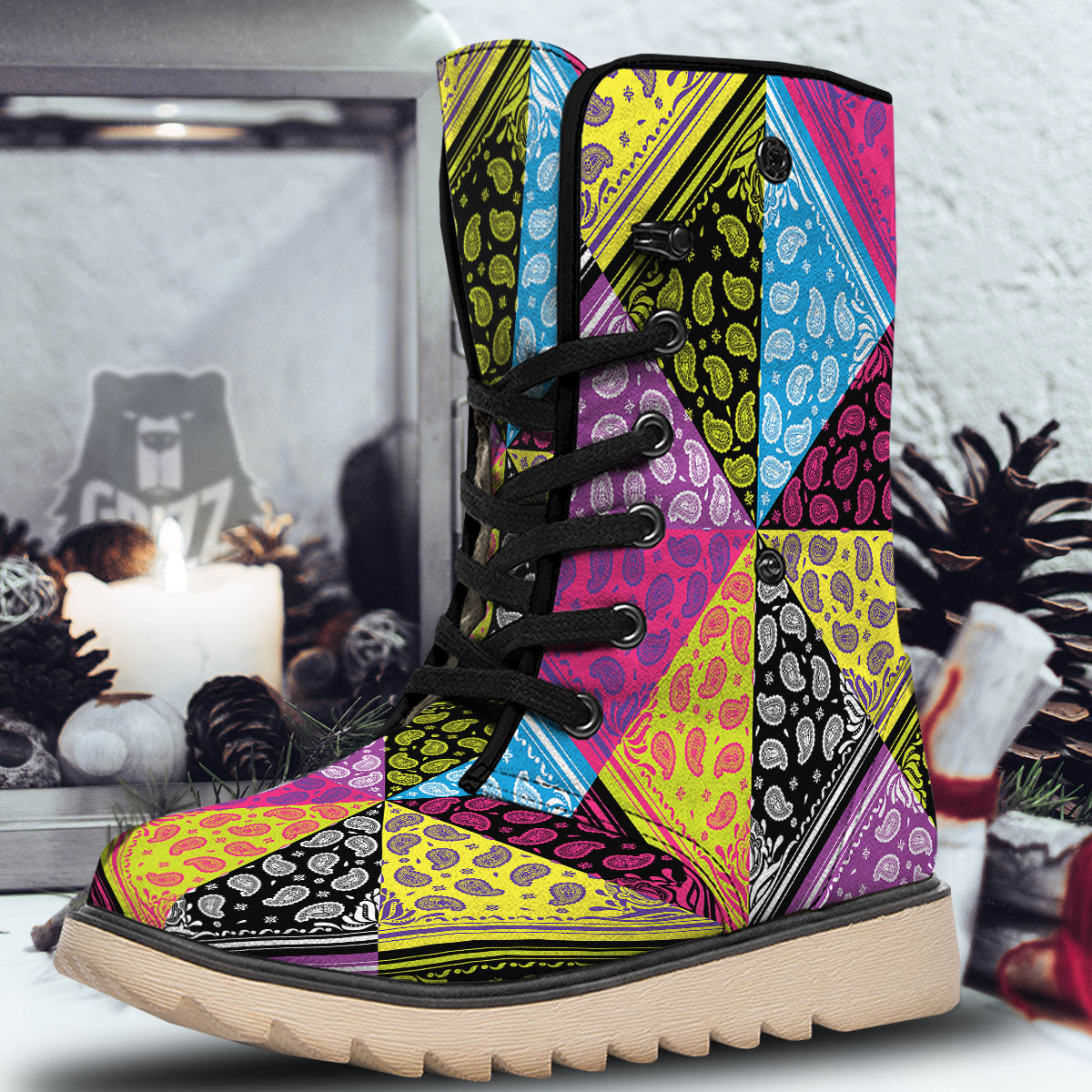 Bandana Paisley Colorful Square Print Snow Boots-grizzshop