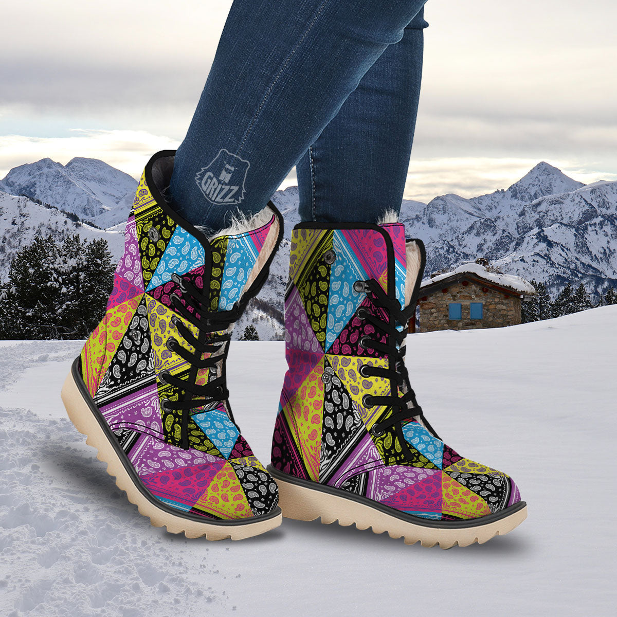 Bandana Paisley Colorful Square Print Snow Boots-grizzshop