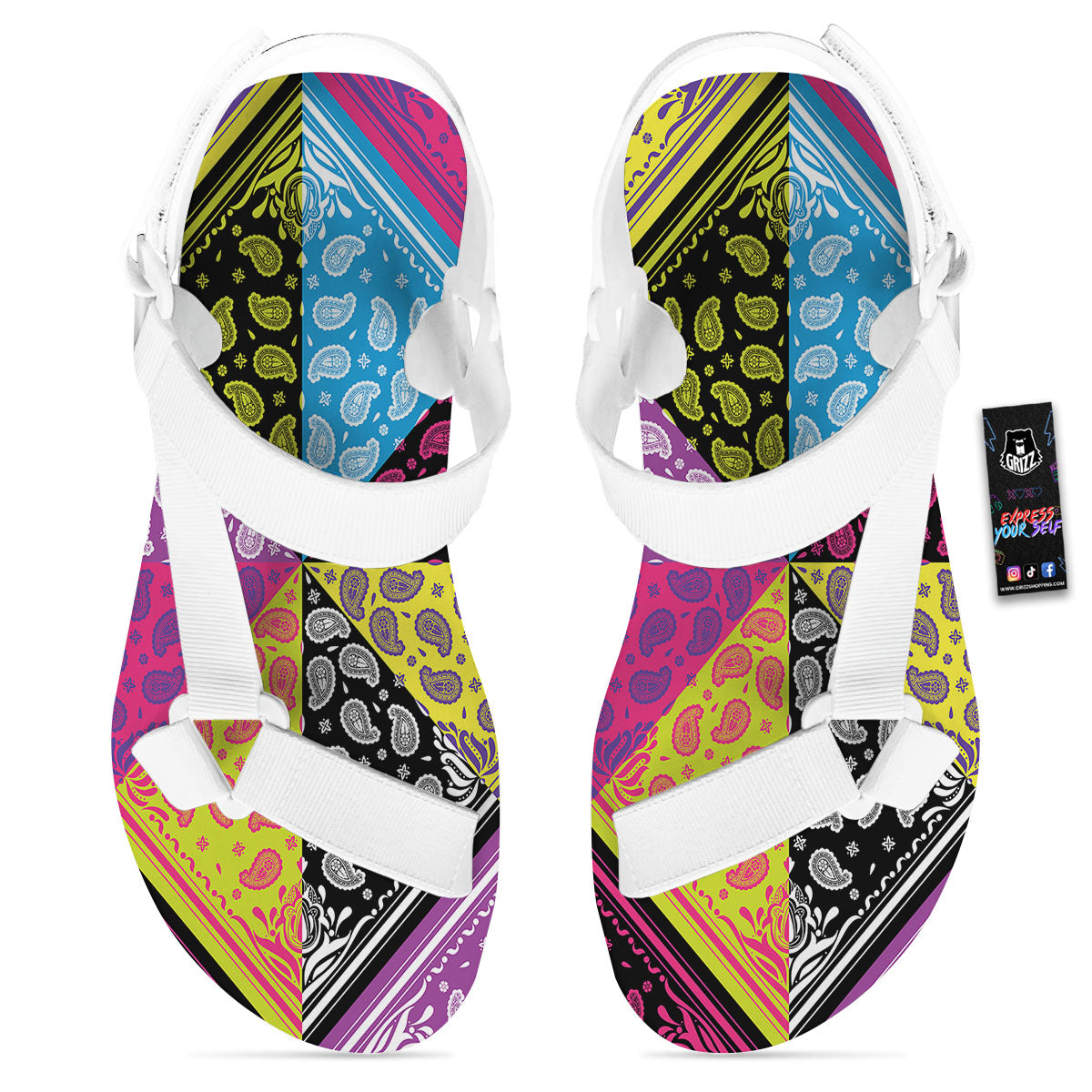 Bandana Paisley Colorful Square Print White Open Toe Sandals-grizzshop