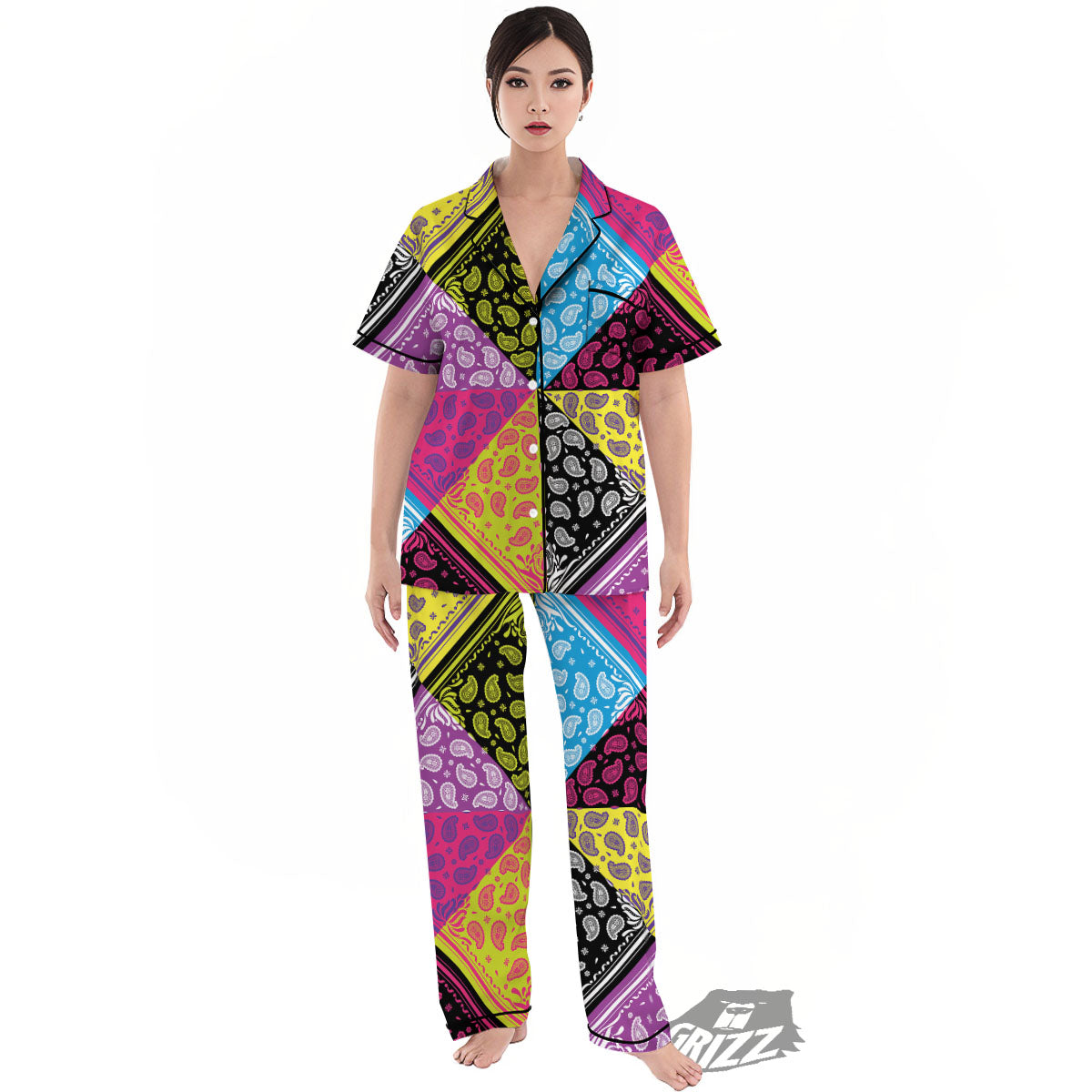 Bandana Paisley Colorful Square Print Women's Pajamas Set-grizzshop