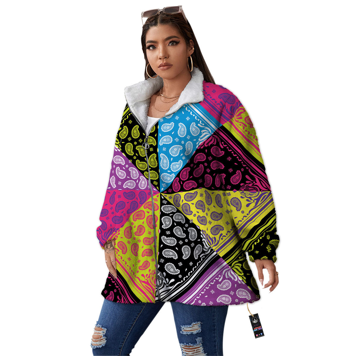 Bandana Paisley Colorful Square Print Women's Sherpa Jacket-grizzshop