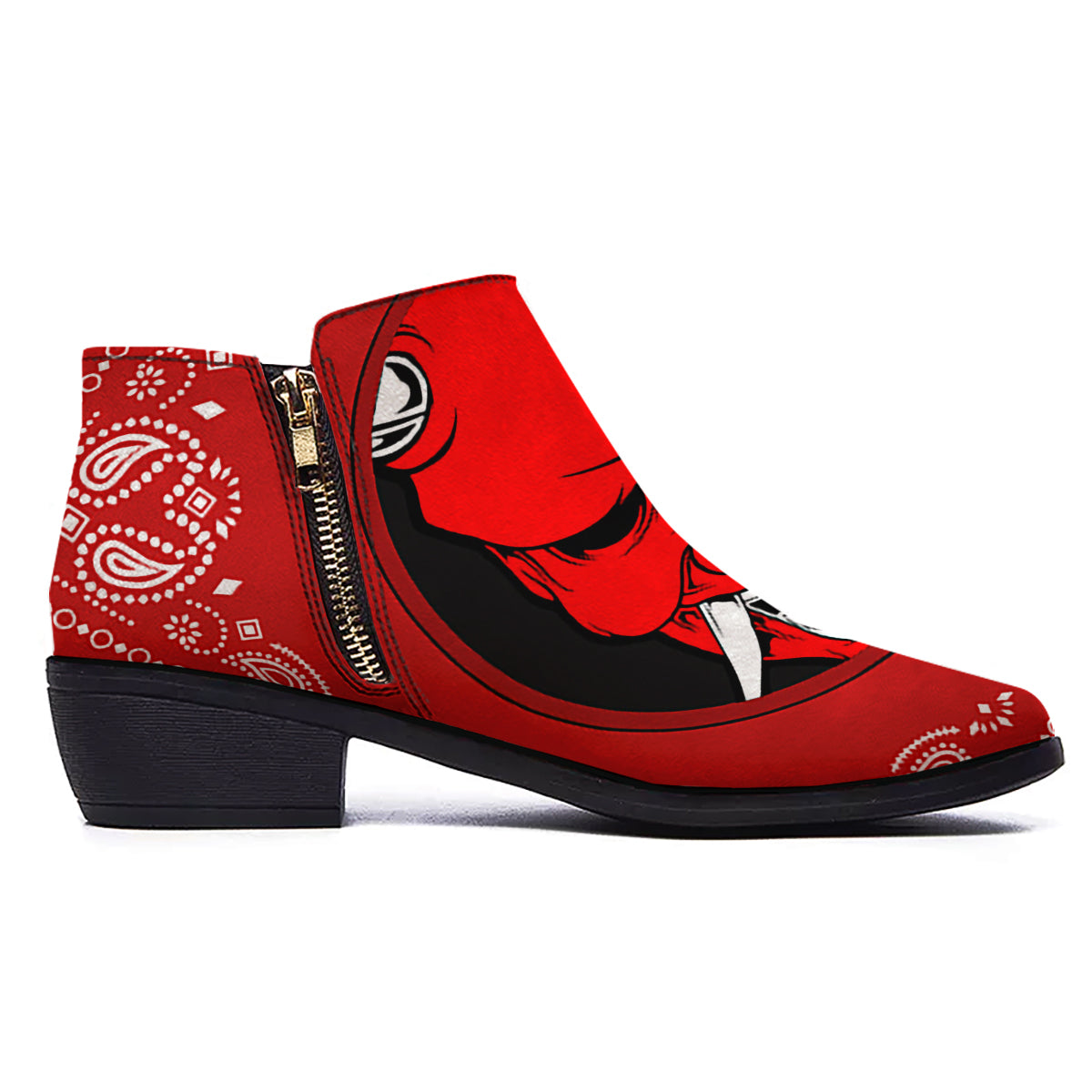 Bandana Red Hannya Demon Print Ankle Boots-grizzshop