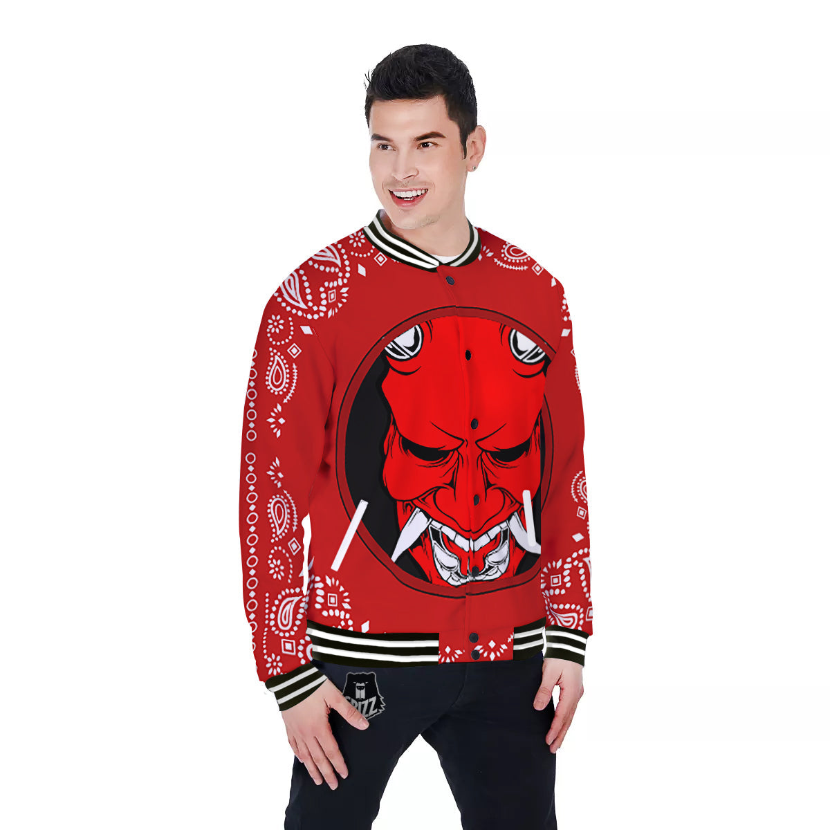 Bandana Red Hannya Demon Print Baseball Jacket-grizzshop