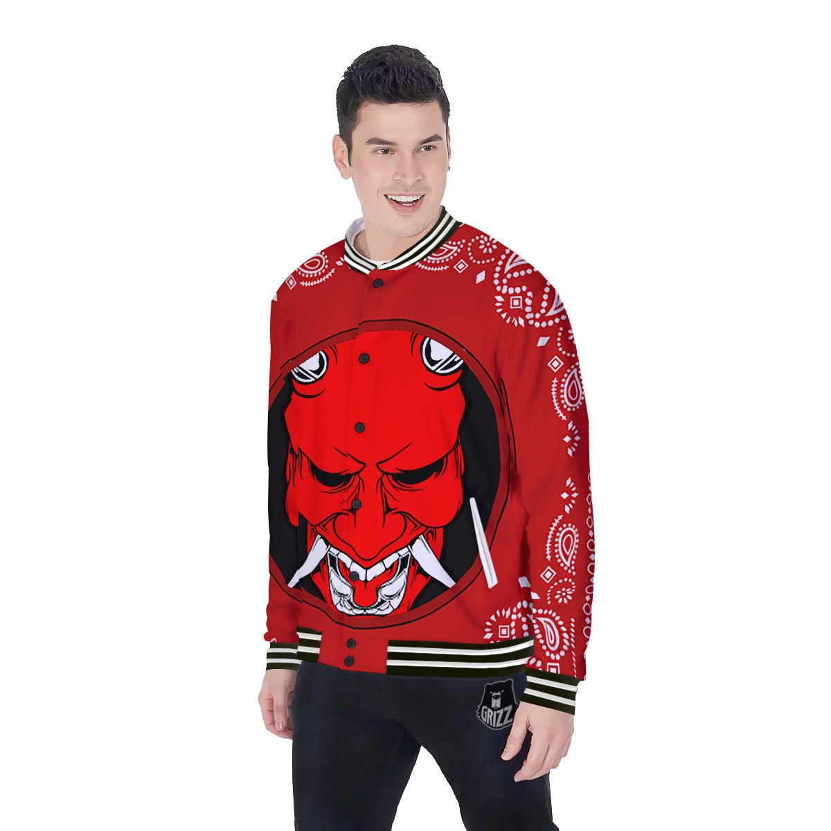 Bandana Red Hannya Demon Print Baseball Jacket-grizzshop