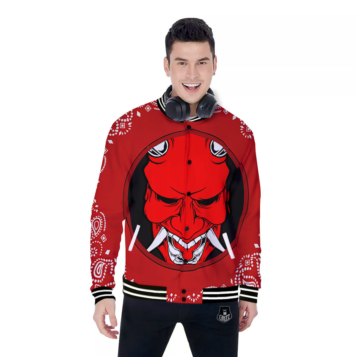 Bandana Red Hannya Demon Print Baseball Jacket-grizzshop