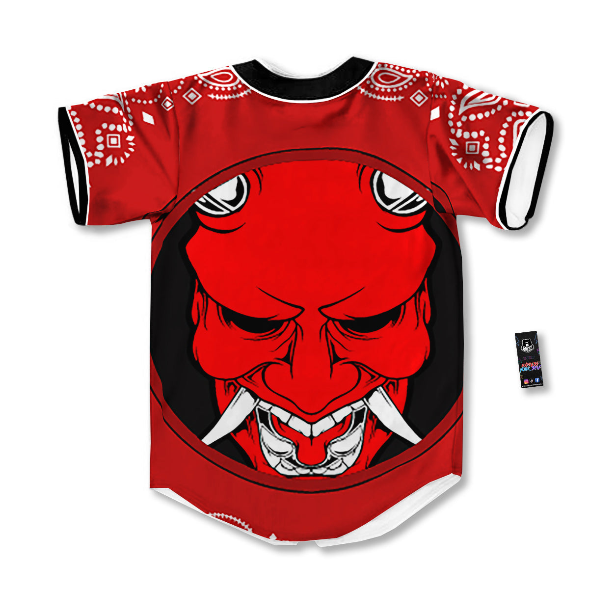 Bandana Red Hannya Demon Print Baseball Jersey-grizzshop