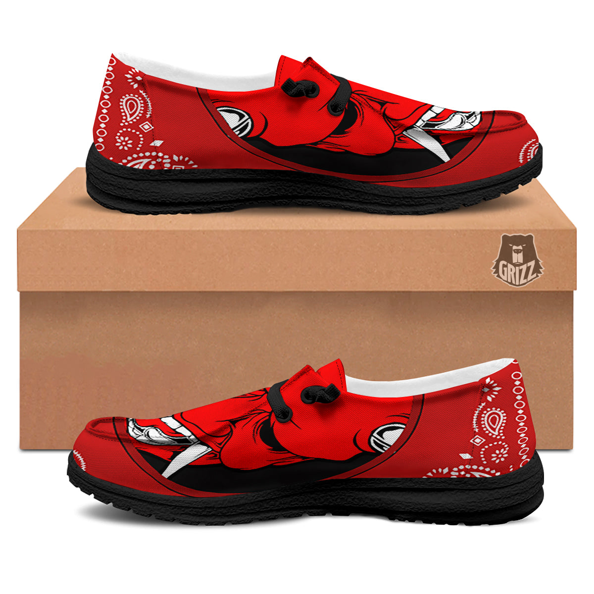 Bandana Red Hannya Demon Print Black Loafers-grizzshop