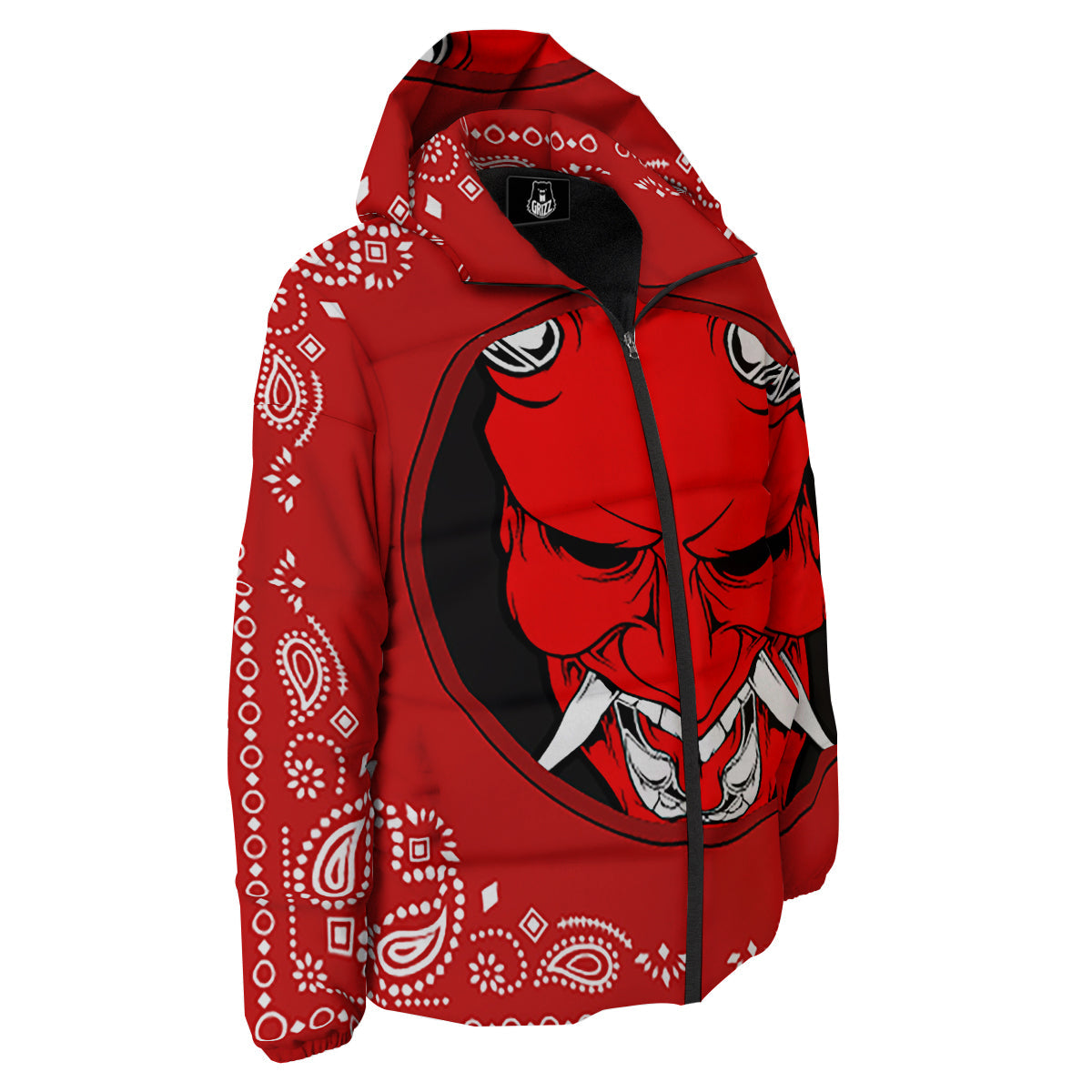 Bandana Red Hannya Demon Print Down Jacket-grizzshop