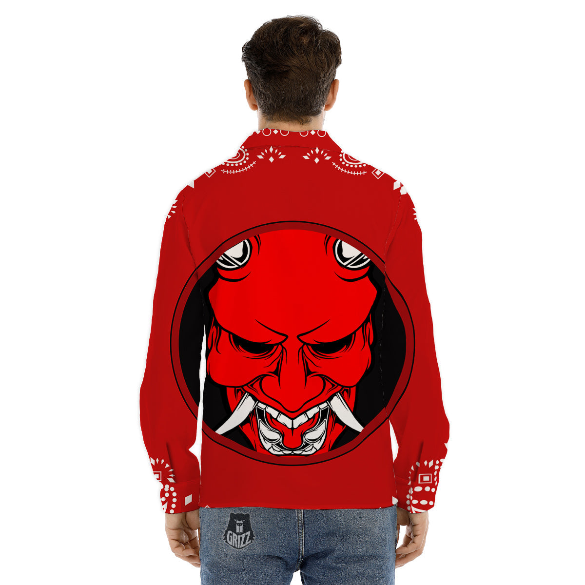 Bandana Red Hannya Demon Print Men's Dress Shirts-grizzshop