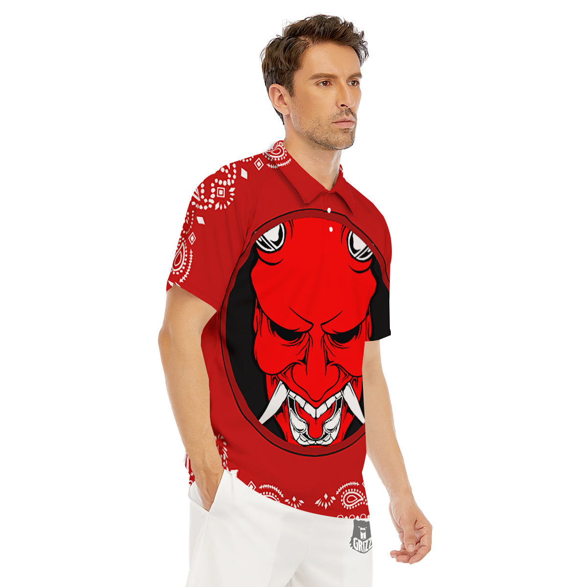 Bandana Red Hannya Demon Print Men's Golf Shirts-grizzshop