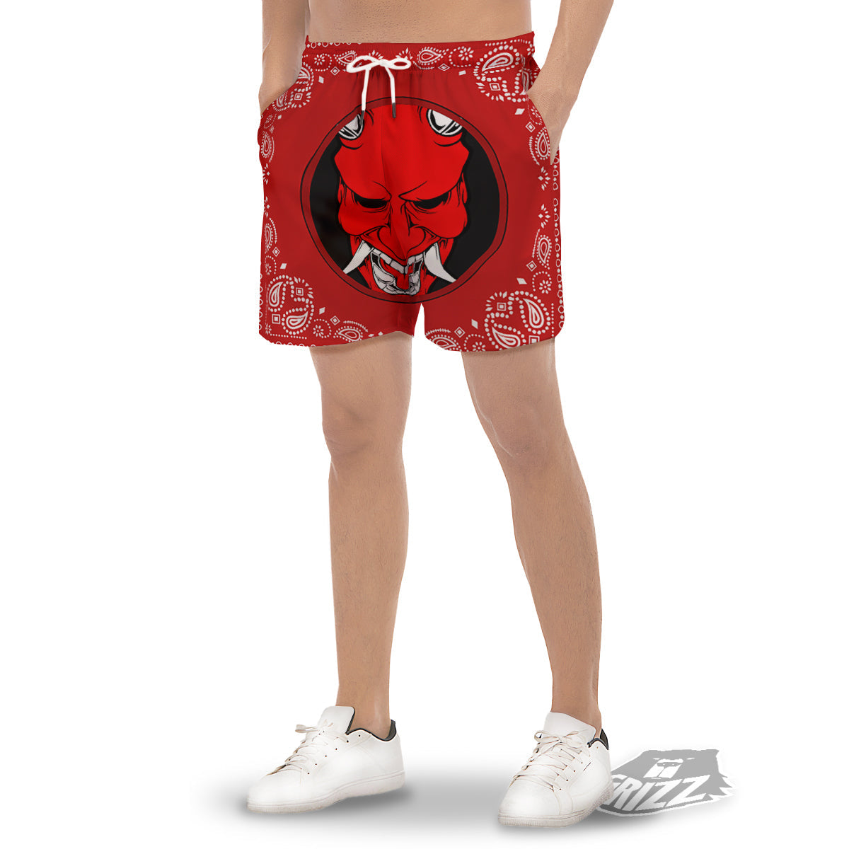 Bandana Red Hannya Demon Print Men's Gym Shorts-grizzshop