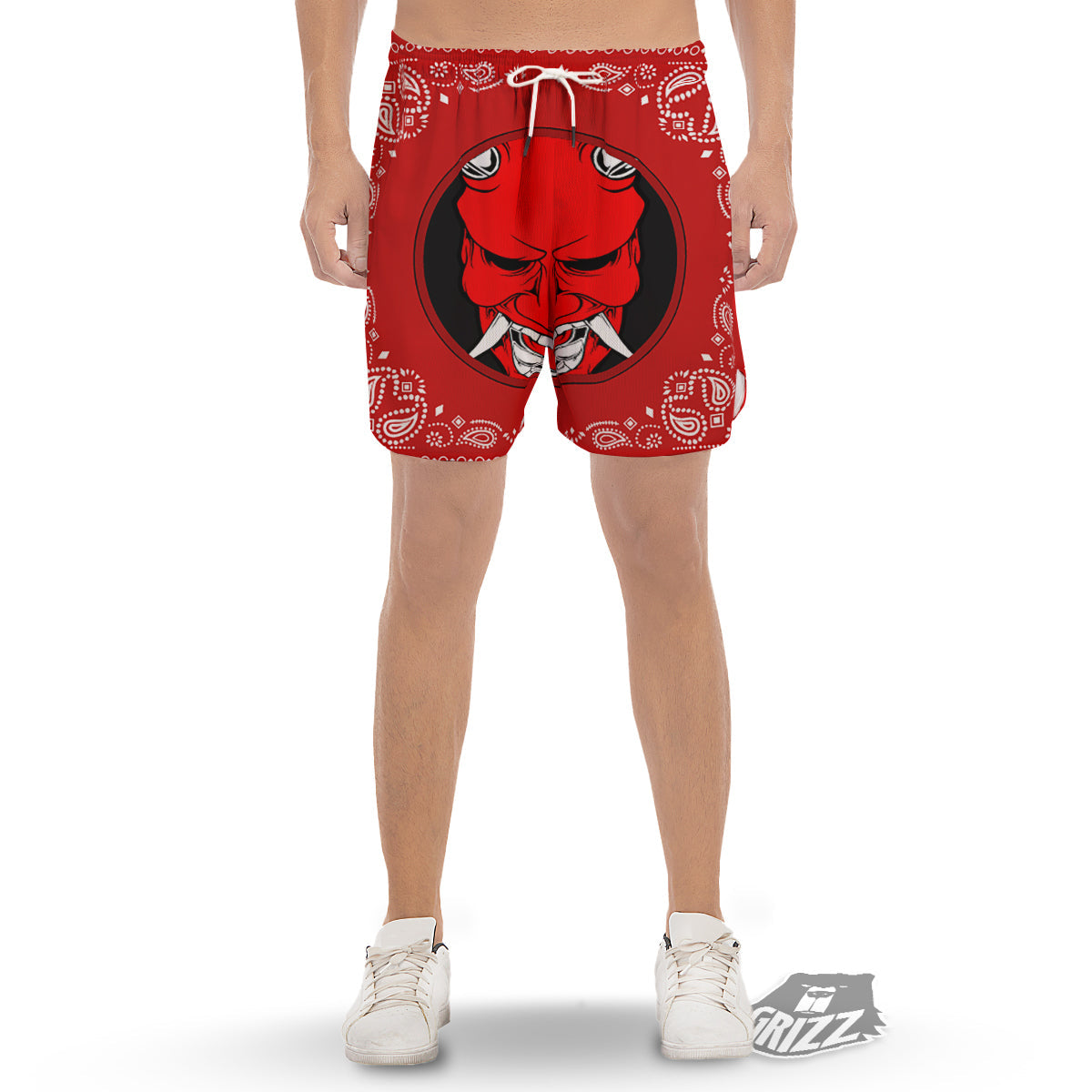 Bandana Red Hannya Demon Print Men's Gym Shorts-grizzshop