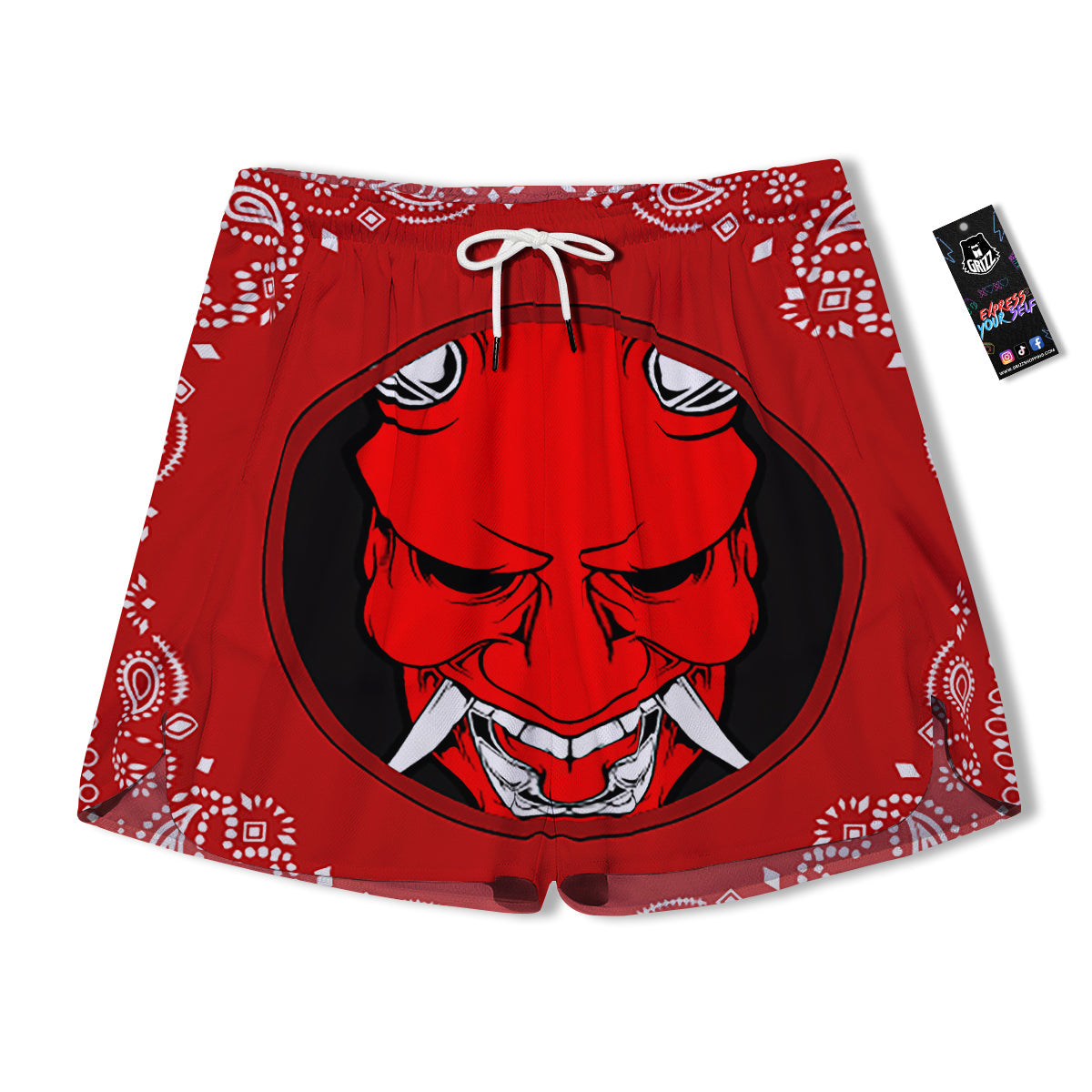 Bandana Red Hannya Demon Print Men's Running Shorts-grizzshop