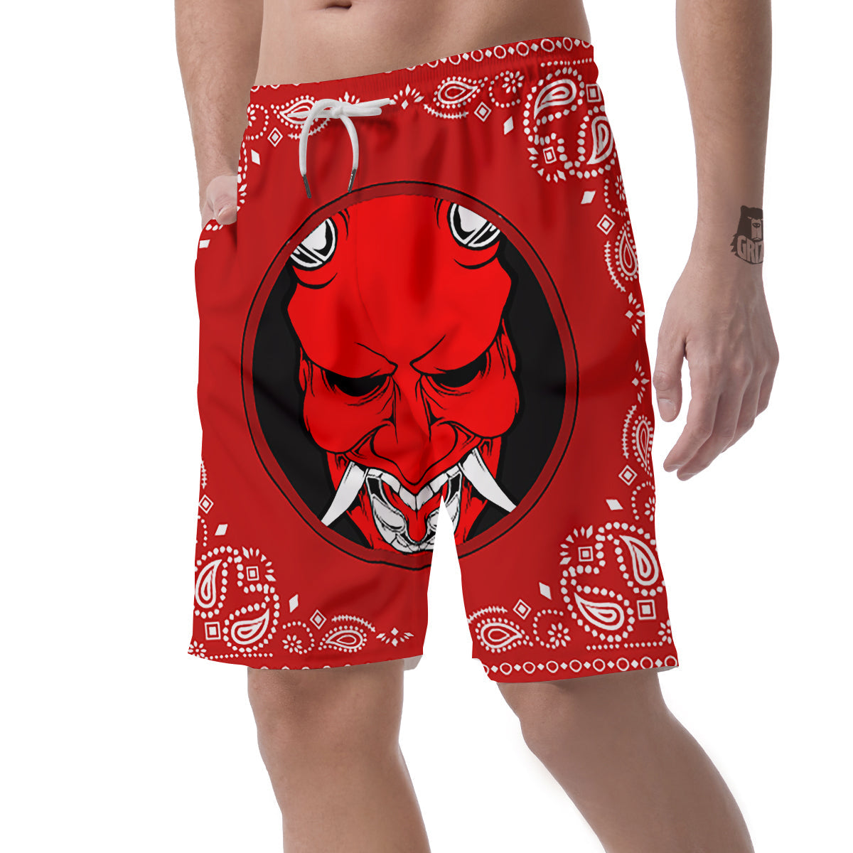Bandana Red Hannya Demon Print Men's Shorts-grizzshop
