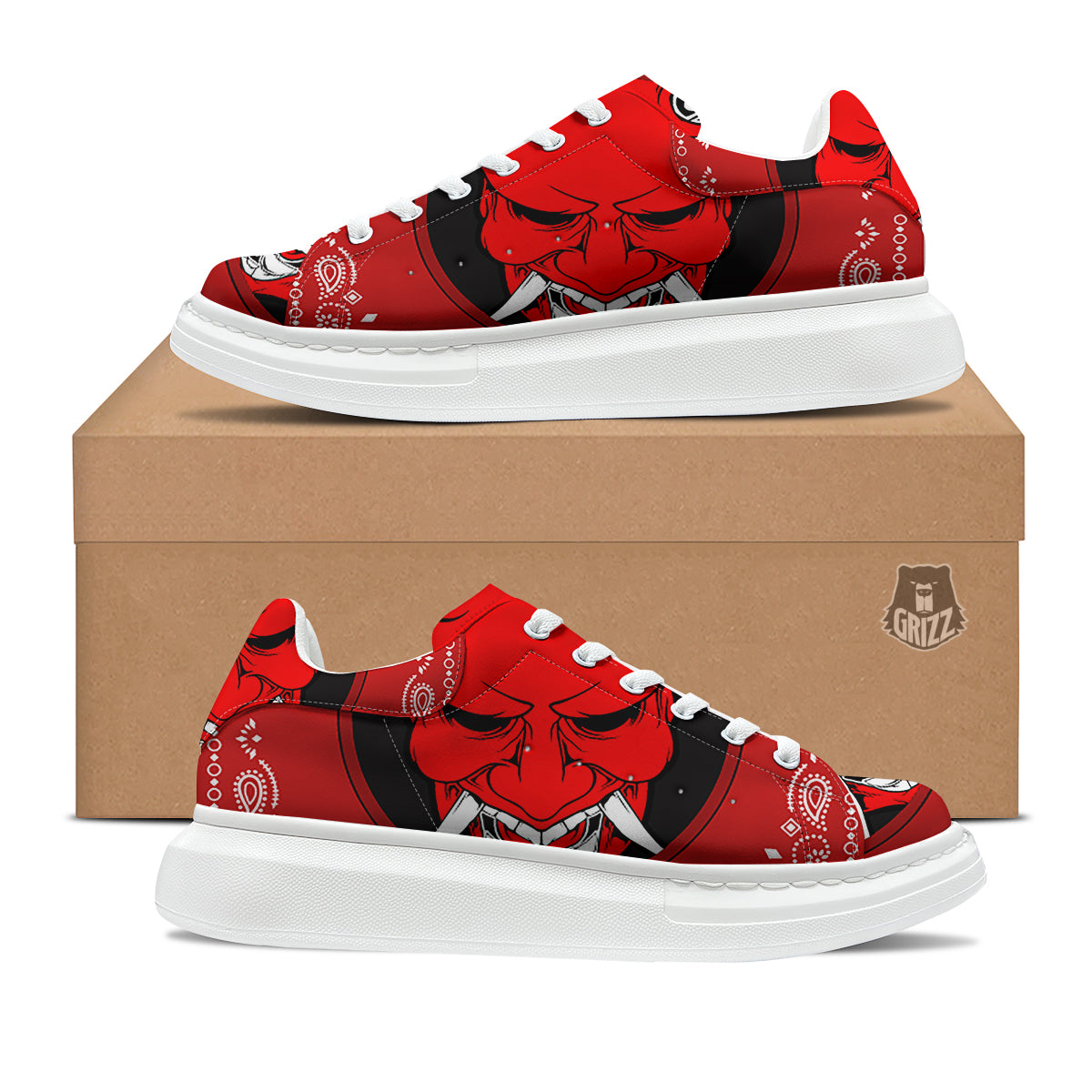 Bandana Red Hannya Demon Print Platform Shoes-grizzshop