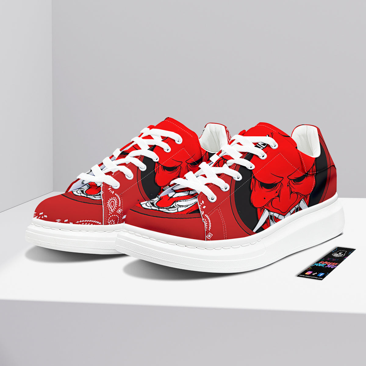 Bandana Red Hannya Demon Print Platform Shoes-grizzshop
