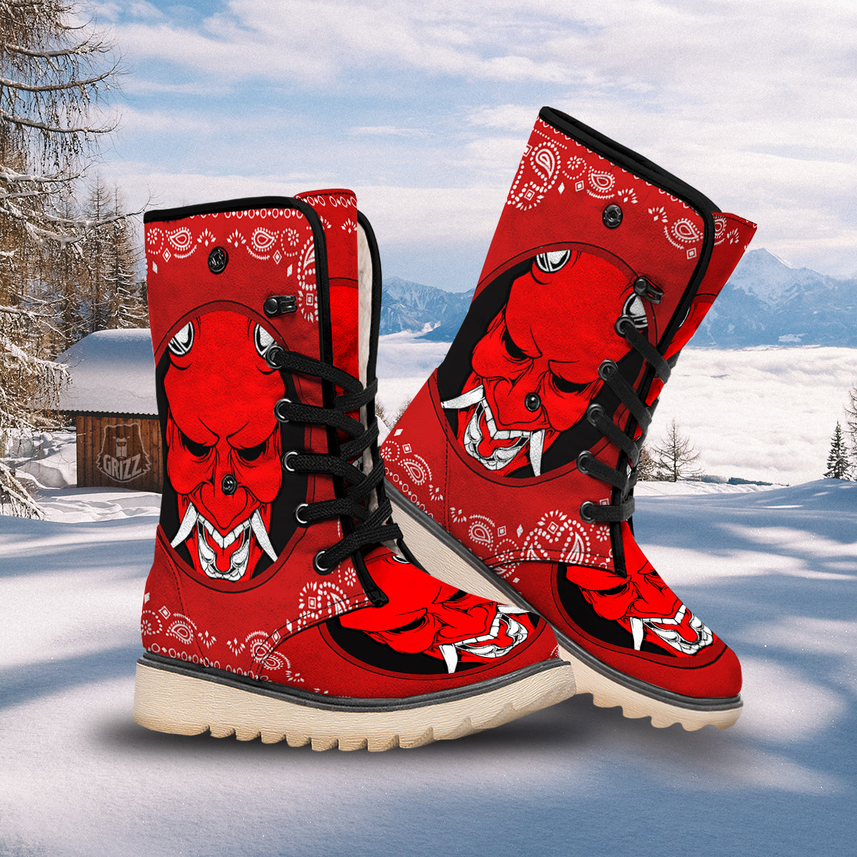 Bandana Red Hannya Demon Print Snow Boots-grizzshop