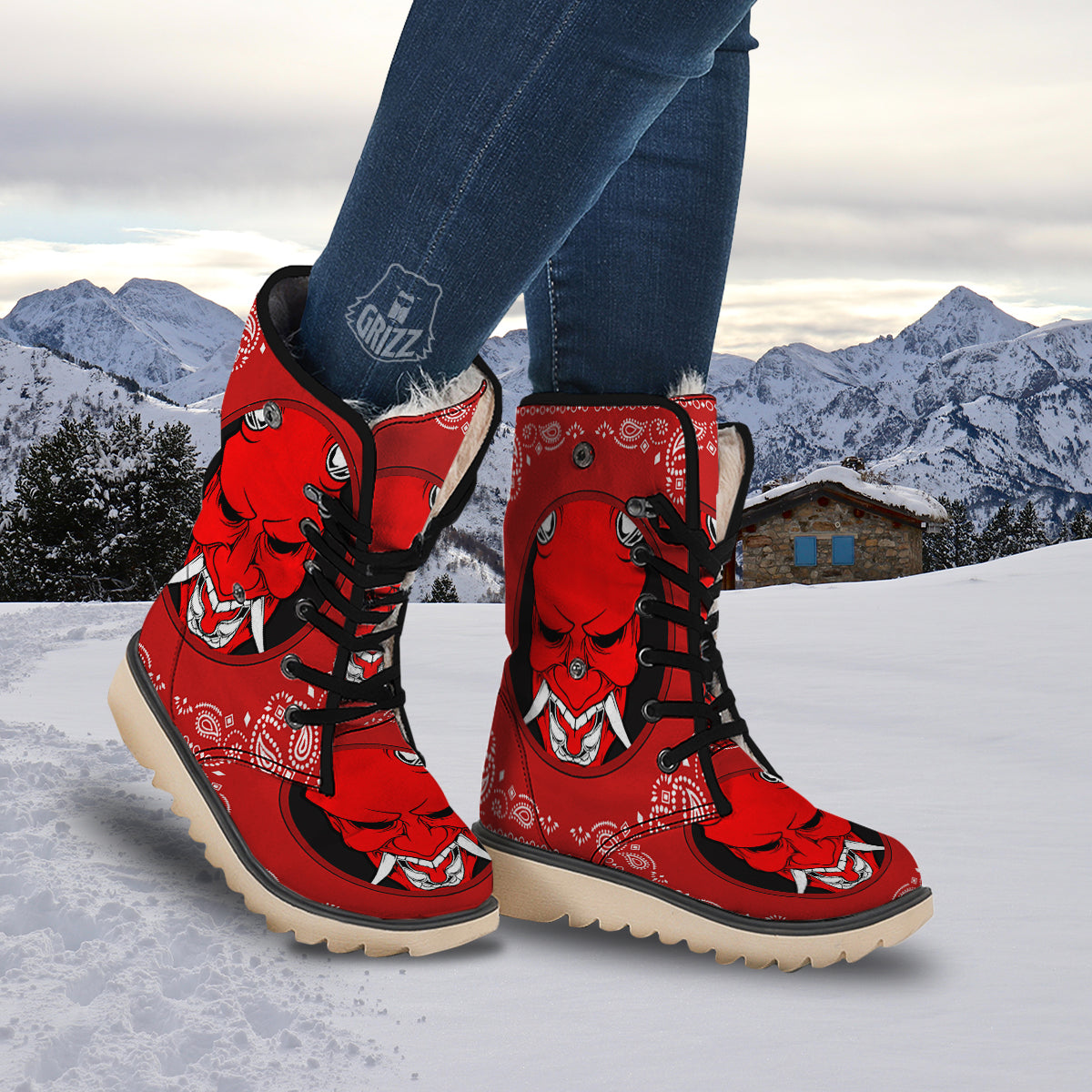Bandana Red Hannya Demon Print Snow Boots-grizzshop