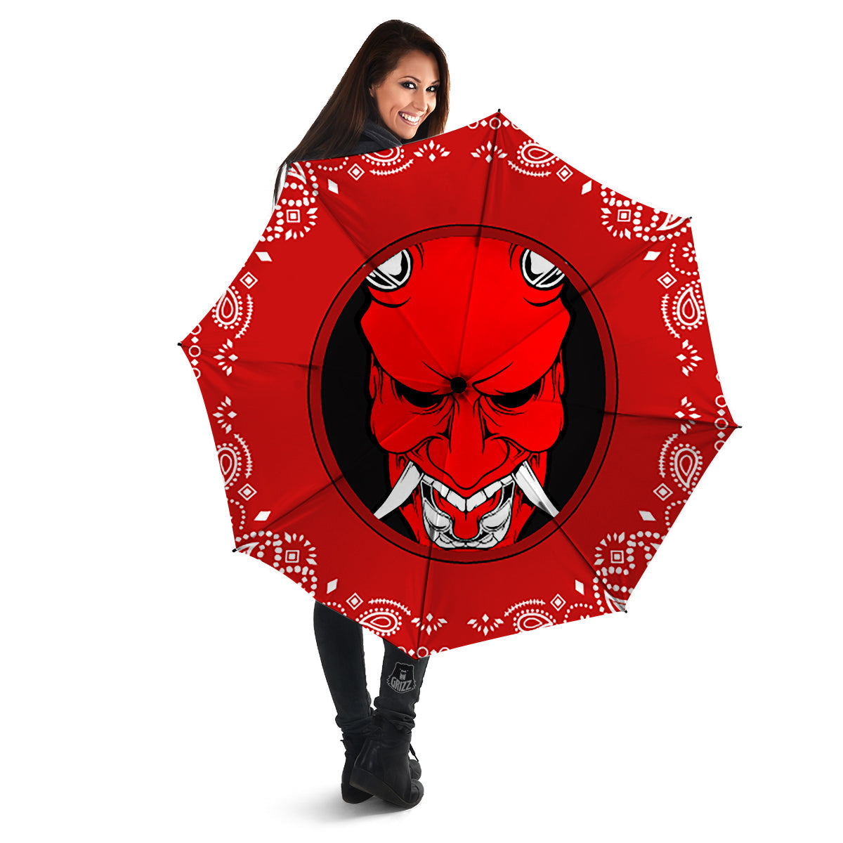 Bandana Red Hannya Demon Print Umbrella-grizzshop