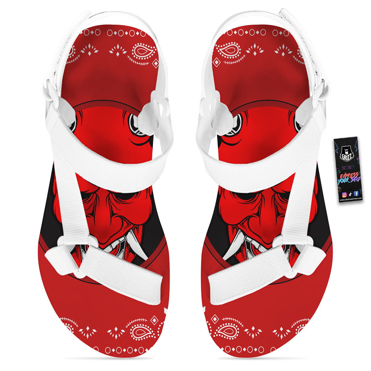 Bandana Red Hannya Demon Print White Open Toe Sandals-grizzshop
